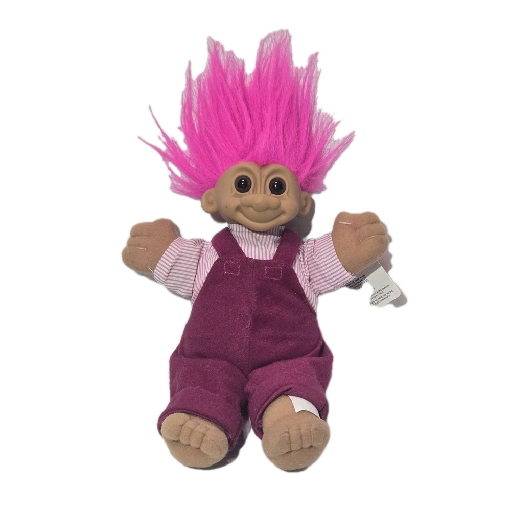 Vintage Russ Berrie Plush Troll Doll Pink Hair Maroon Overalls Striped Shirt 90s